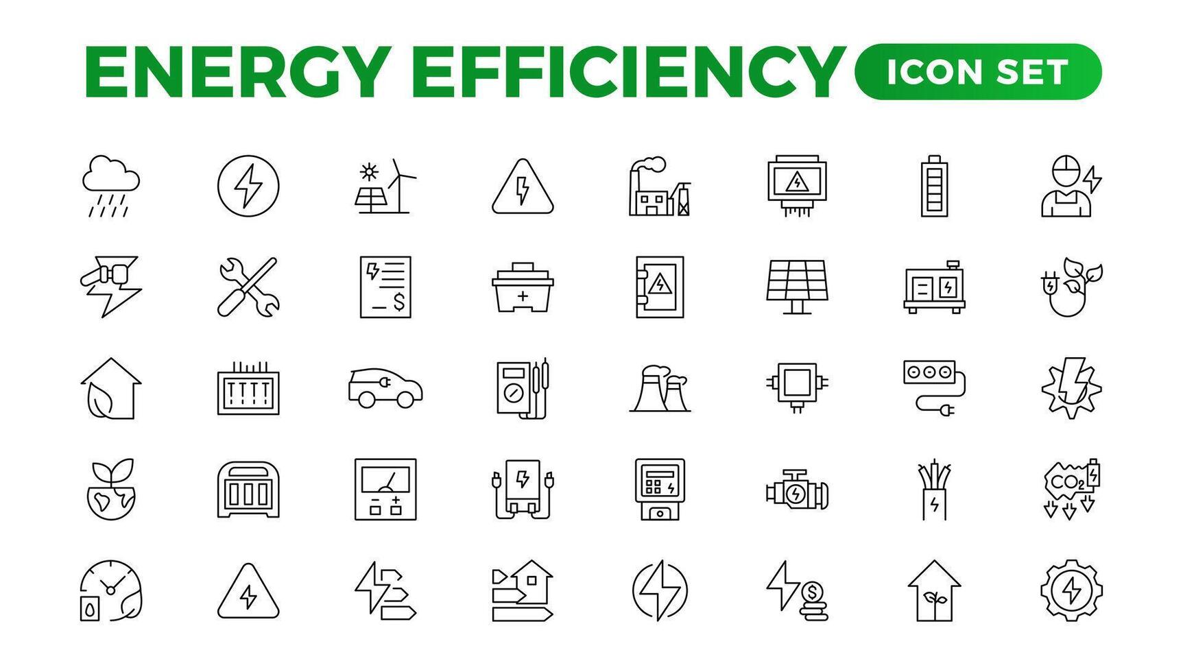 Energy efficiency icon set. Calculator, energy-saving light bulb, piggy bank, solar panel, circular economy, battery, home insulation, energy class illustration vector