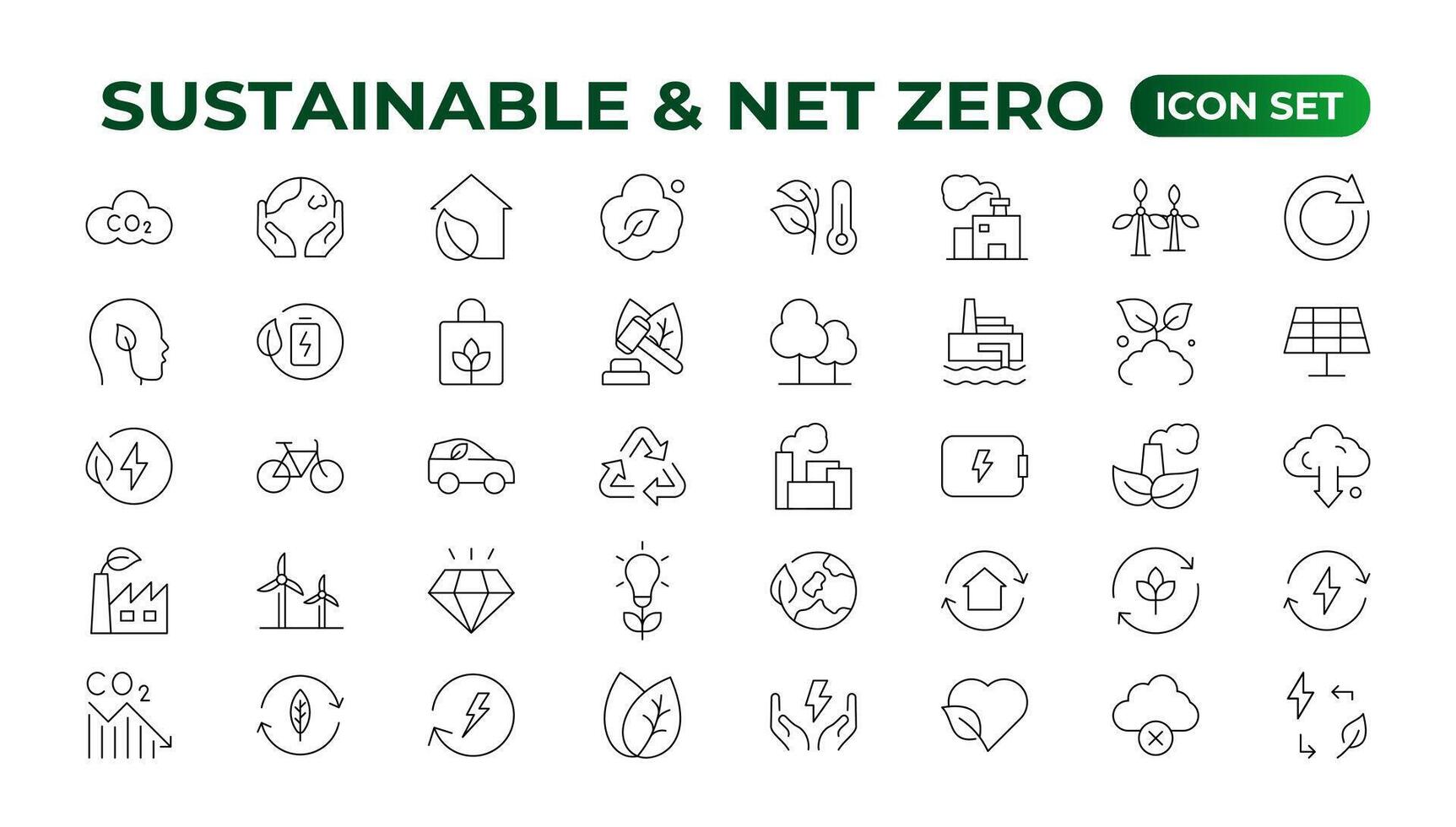 Set of sustainability and Net Zero, environmental, ecological, recyling, green, organic, industry thin line icons. Linear ecology simple symbol collection. vector