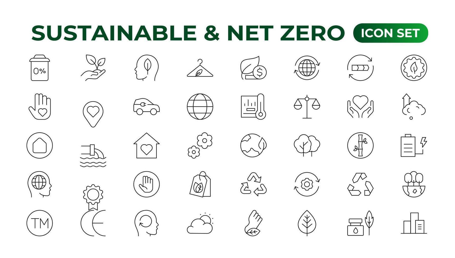 Set of sustainability and Net Zero, environmental, ecological, recyling, green, organic, industry thin line icons. Linear ecology simple symbol collection. vector