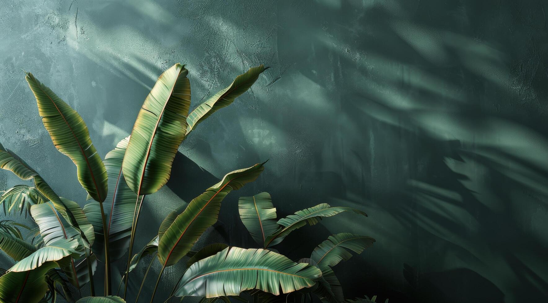 Lush Green Banana Leaves Against a Smooth Green Wall photo