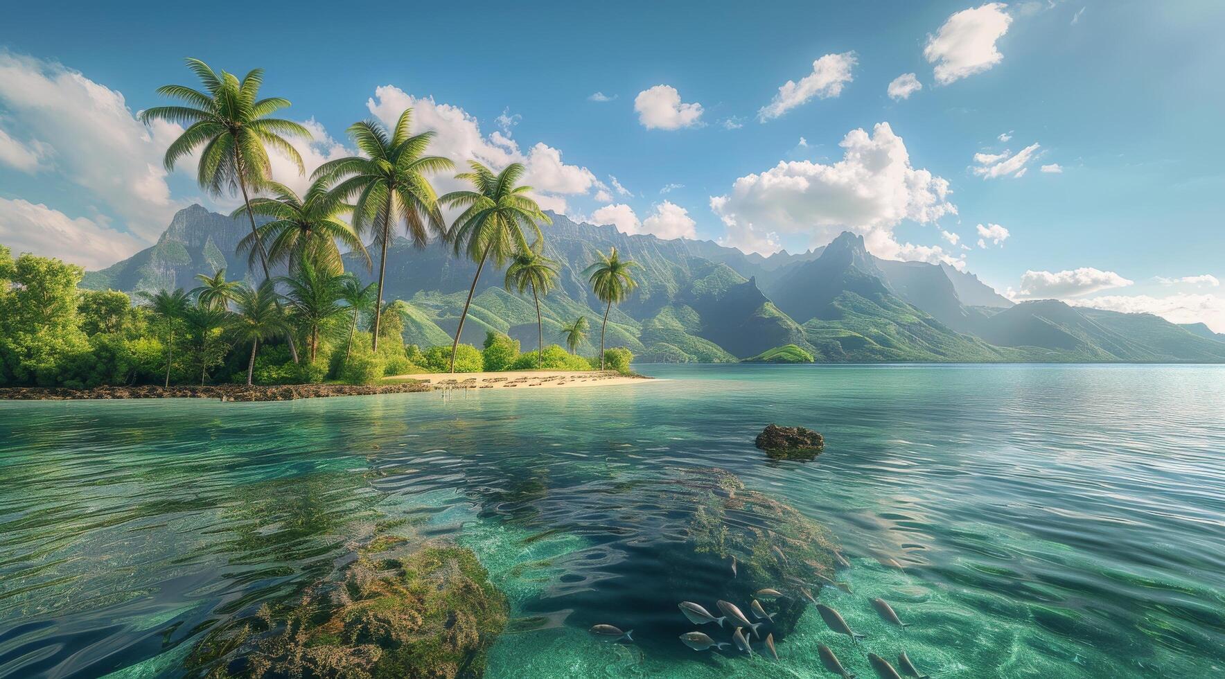 Tropical Island Paradise With Palm Trees and Crystal Clear Water photo