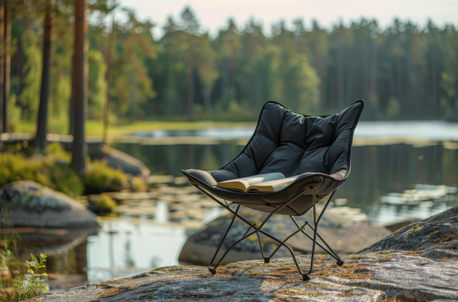 Black Folding Camp Chair Near Lake With Book in the Forest photo
