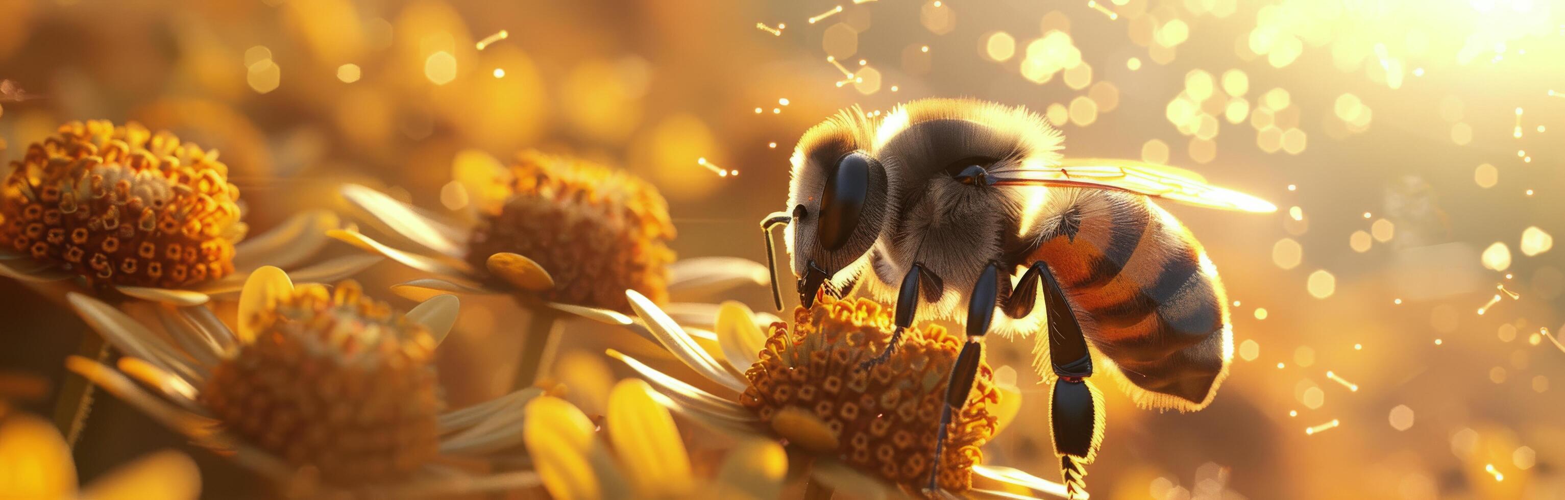 A Honeybee Gathering Pollen on Yellow Flowers in Warm Sunlight photo