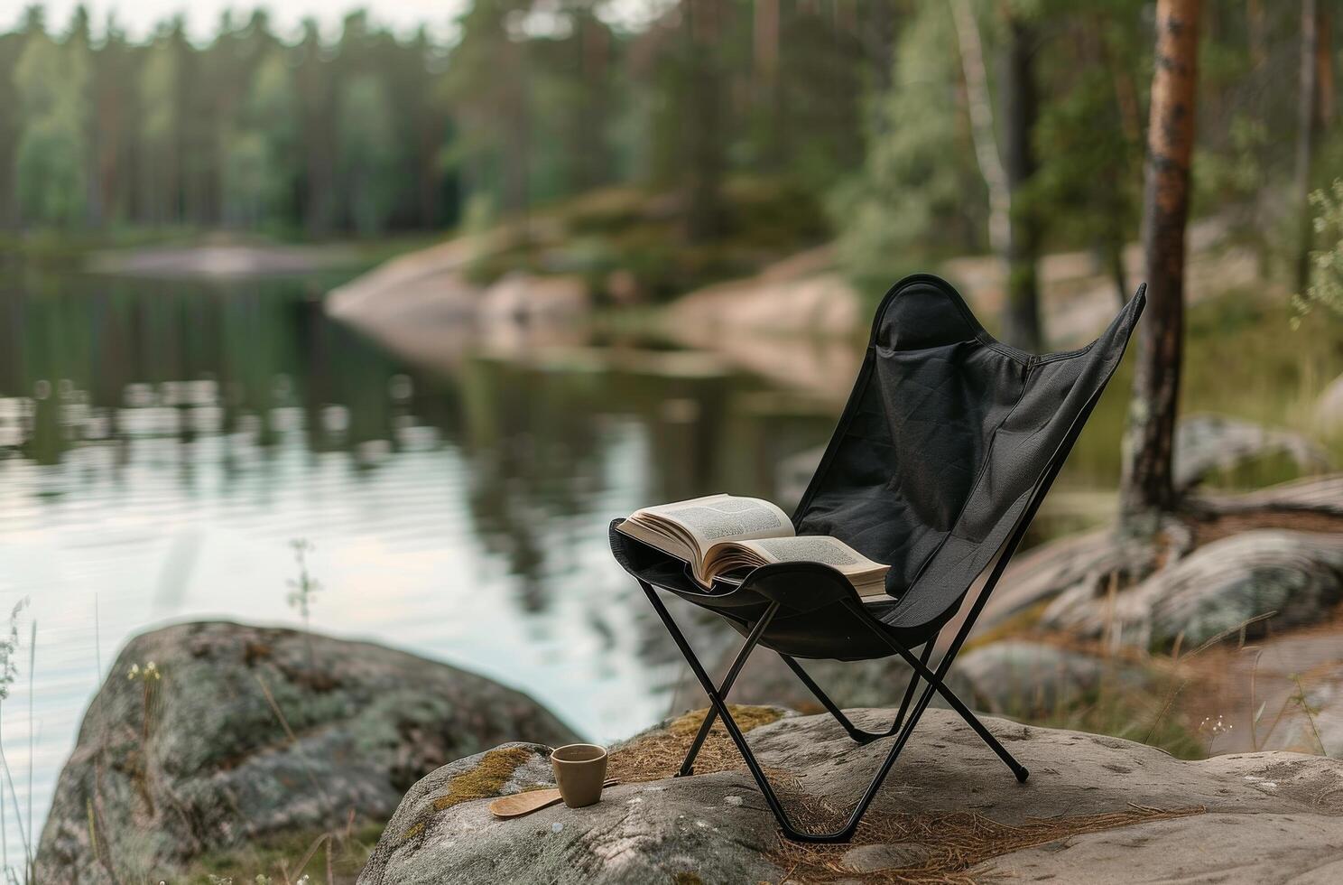 Black Folding Camp Chair Near Lake With Book in the Forest photo