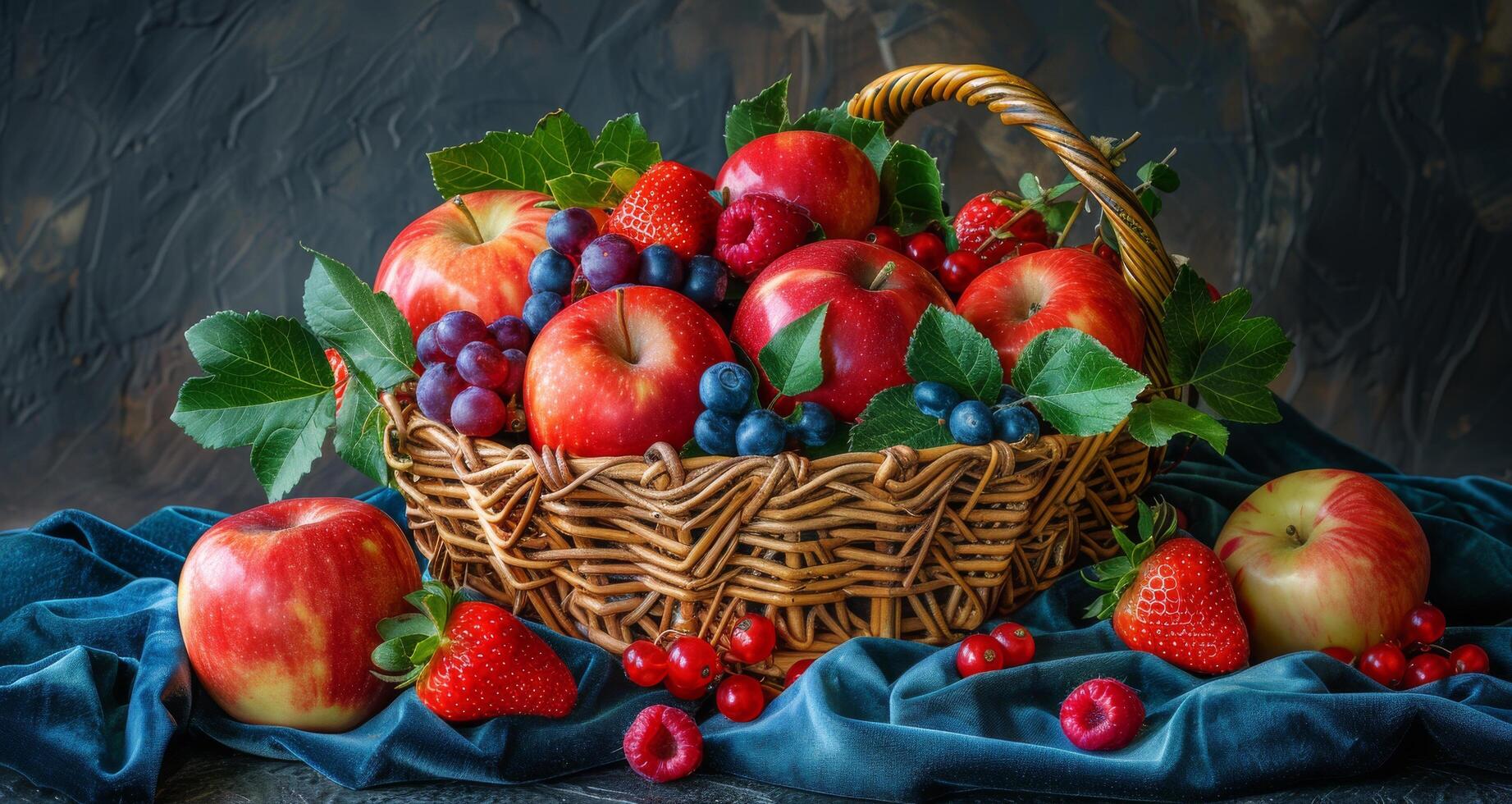 A Basket Of Fresh Berries, Apples, And Grapes On A Blue Tablecloth photo