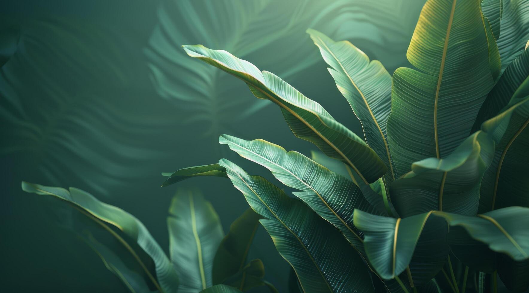 Lush Green Banana Leaves Against a Smooth Green Wall photo