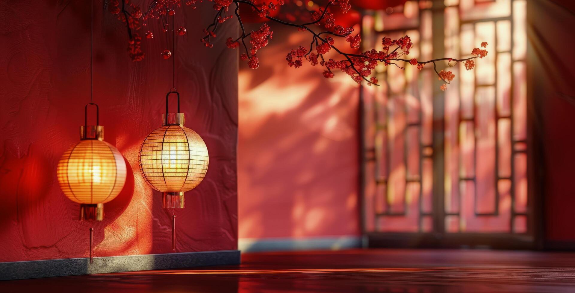 Red Lanterns Hanging on a Wall in a Chinese Street During the Day photo