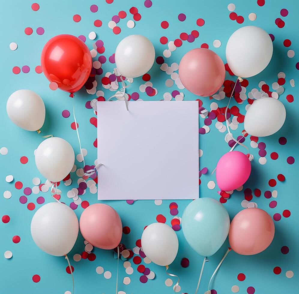 White Card Surrounded by Colorful Balloons and Confetti on Blue Background photo