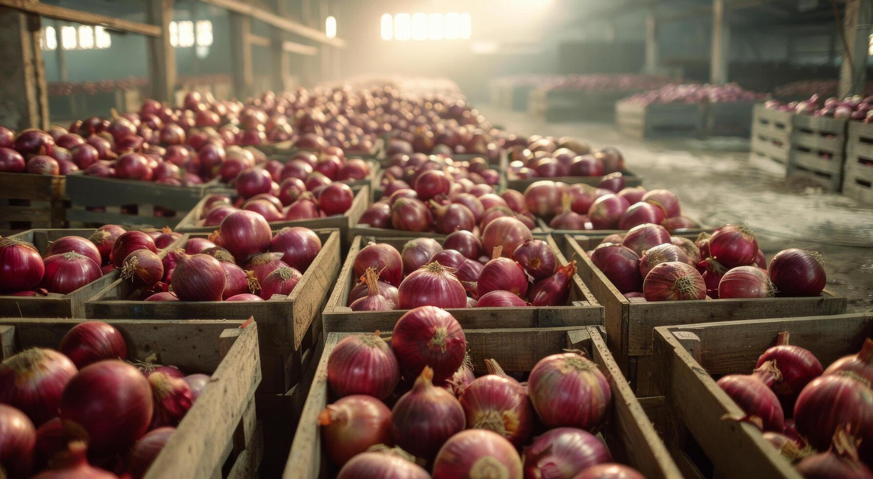 Rows of Wooden Crates Filled With Red Onions in a Large Storage Facility photo