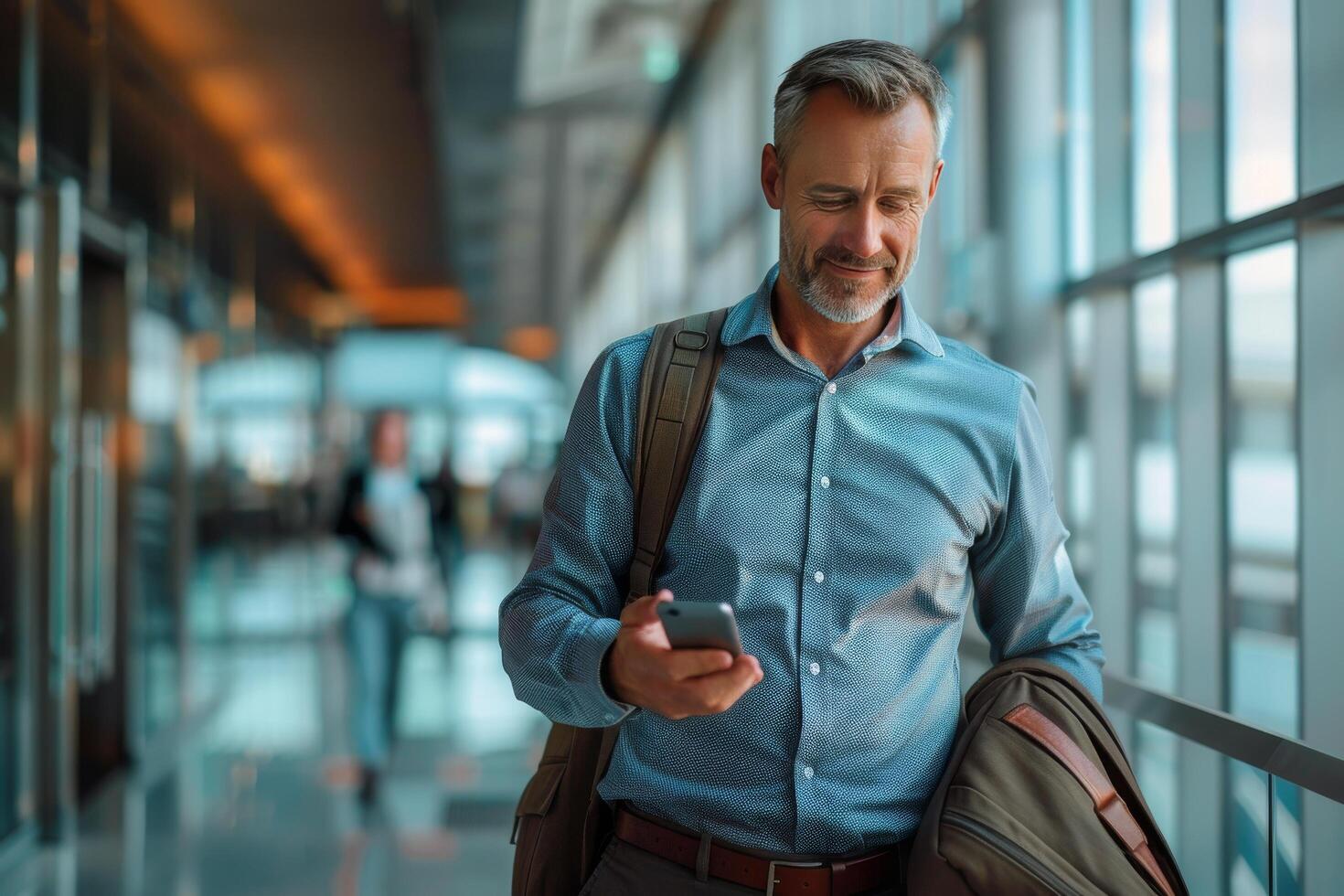 Businessman Using Smartphone While Walking Through Airport Corridor photo