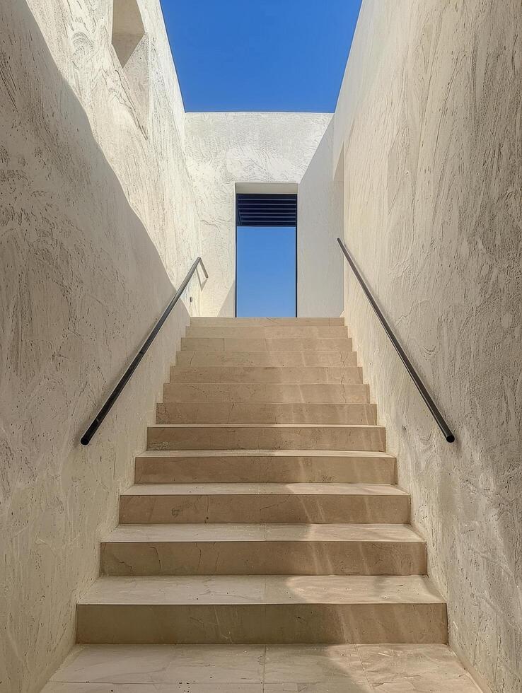White Stone Staircase Leading Up to a Blue Sky View in a Modern Building photo