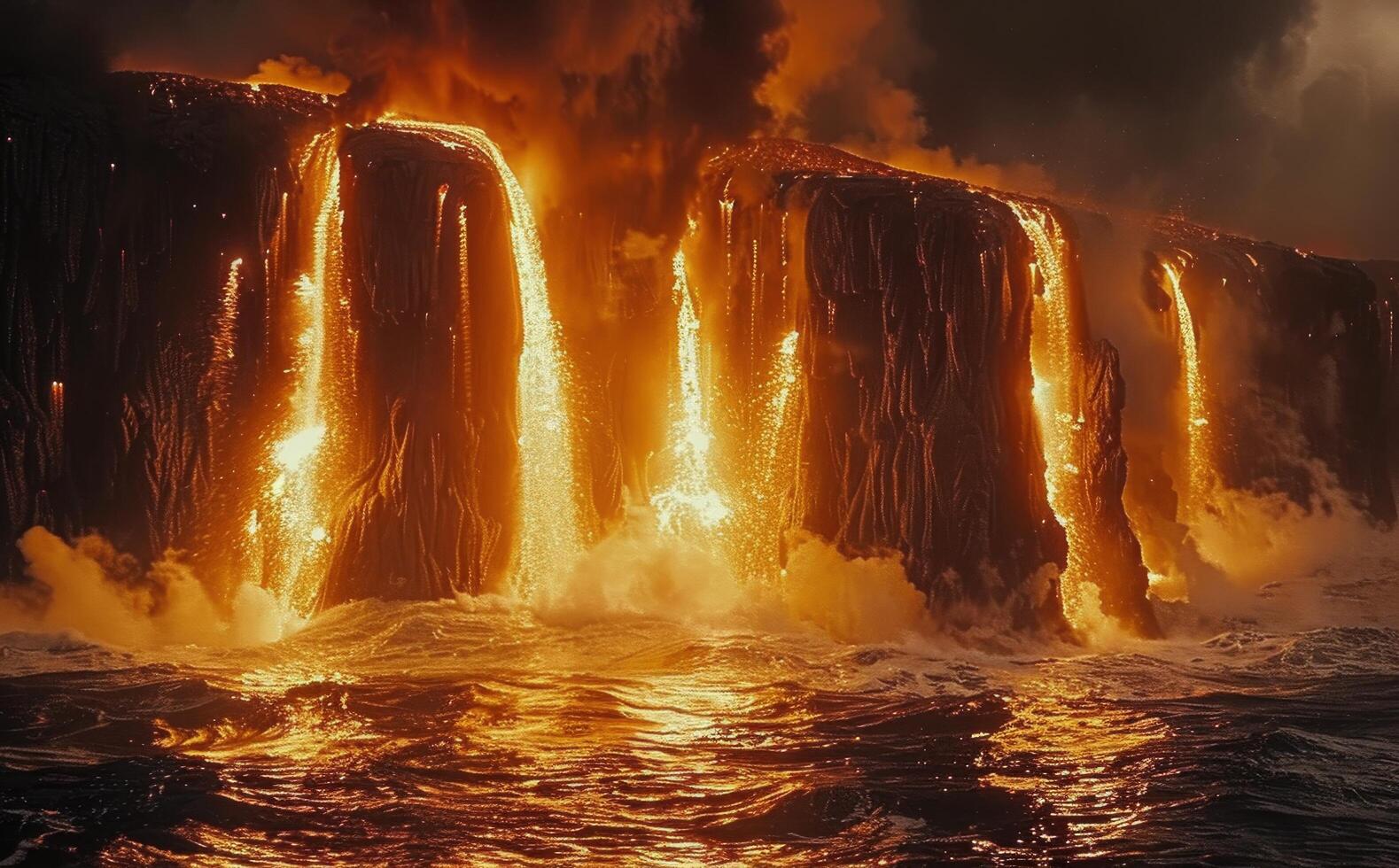 Dramatic Lava Falls Pouring Into The Ocean photo