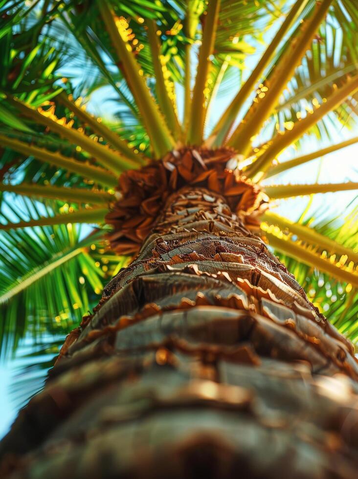 Close Up View of Palm Tree Trunk With Green Fronds and Sunlight photo