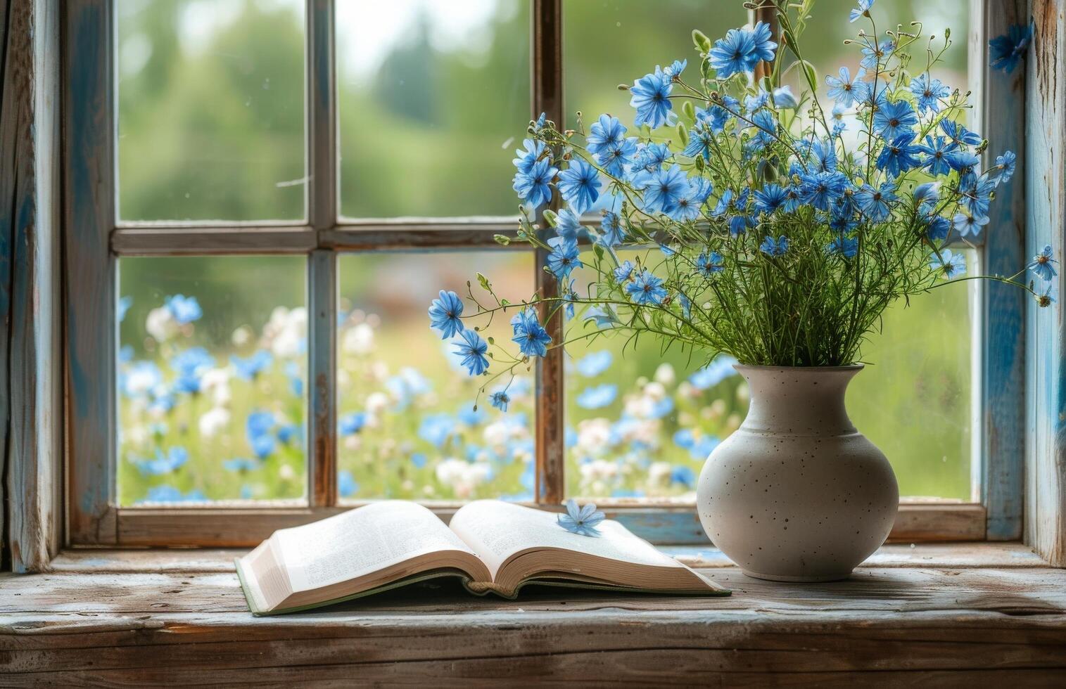 Open Book and Blue Flowers on Windowsill With Green View photo