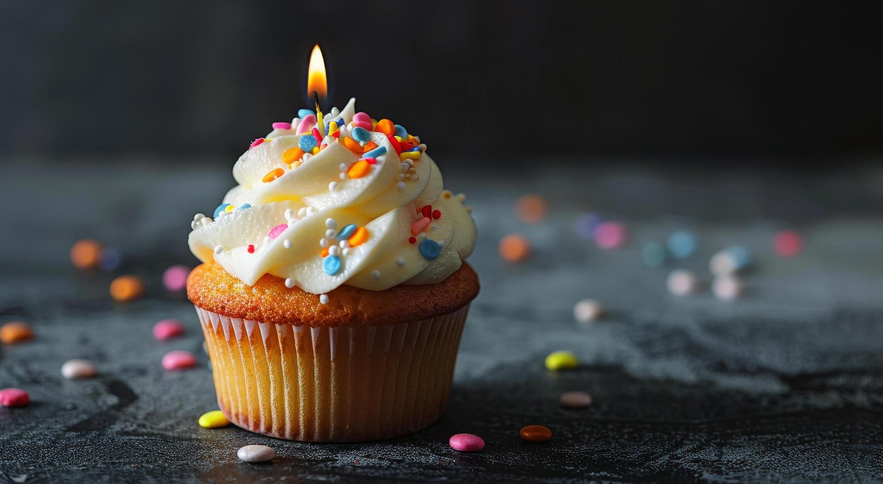 Single Birthday Cupcake With Sprinkles and Lit Candle on a Dark Background photo