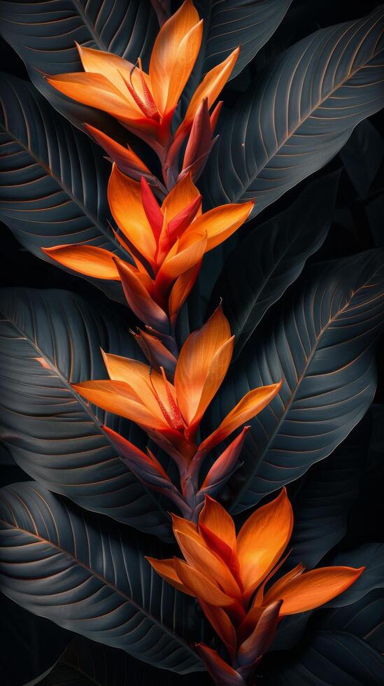 Orange Flowers Blooming Against Dark Green Leaves photo