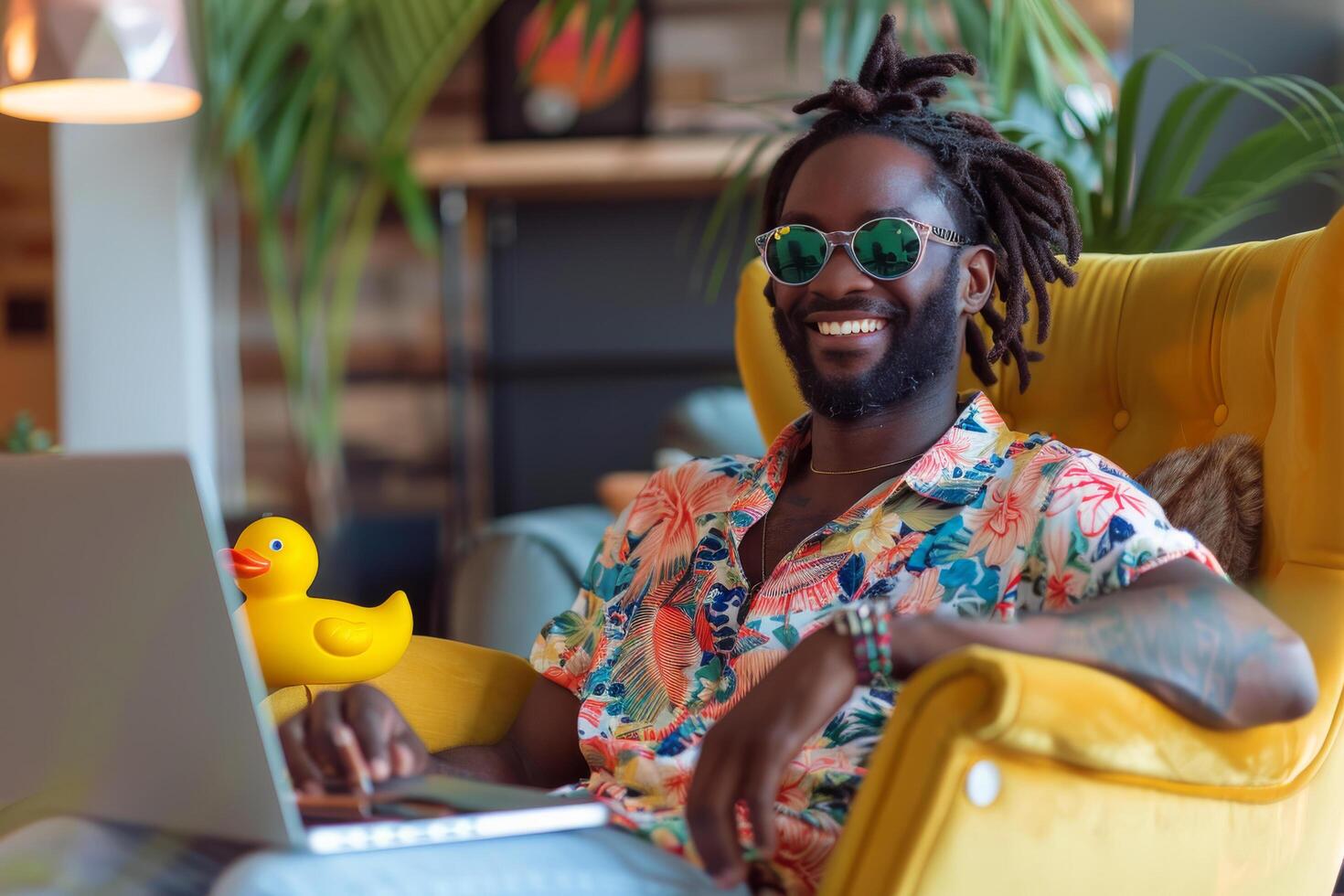 Smiling Man Using Laptop in Yellow Chair photo