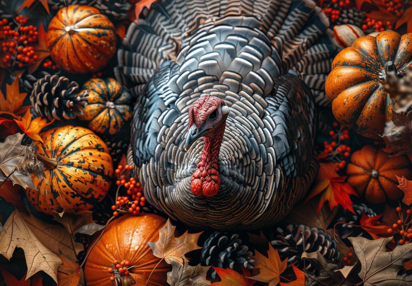 Close Up Of A Turkey Surrounded By Fall Leaves And Pumpkins photo