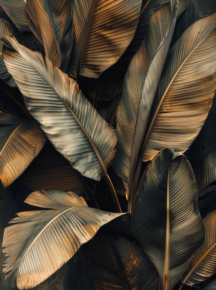 Close-Up View of Large Green and Brown Banana Leaves in a Tropical Forest photo