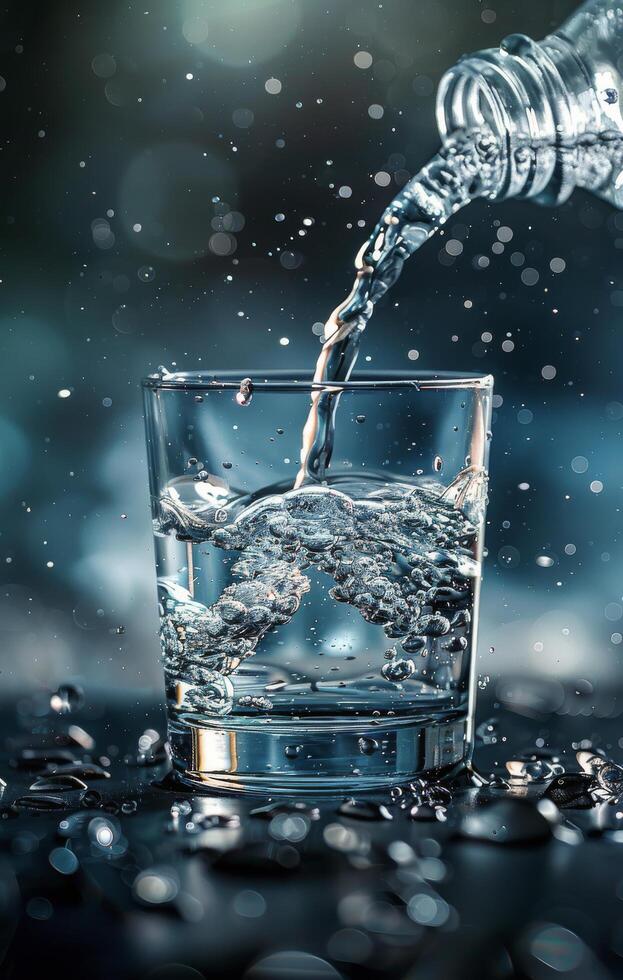 Water Pouring Into Glass on Dark Blue Background photo