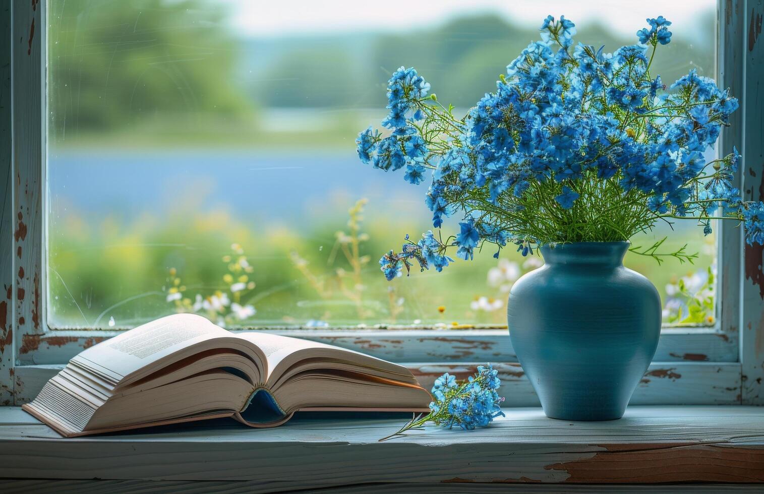 Open Book and Blue Flowers on Windowsill With Green View photo