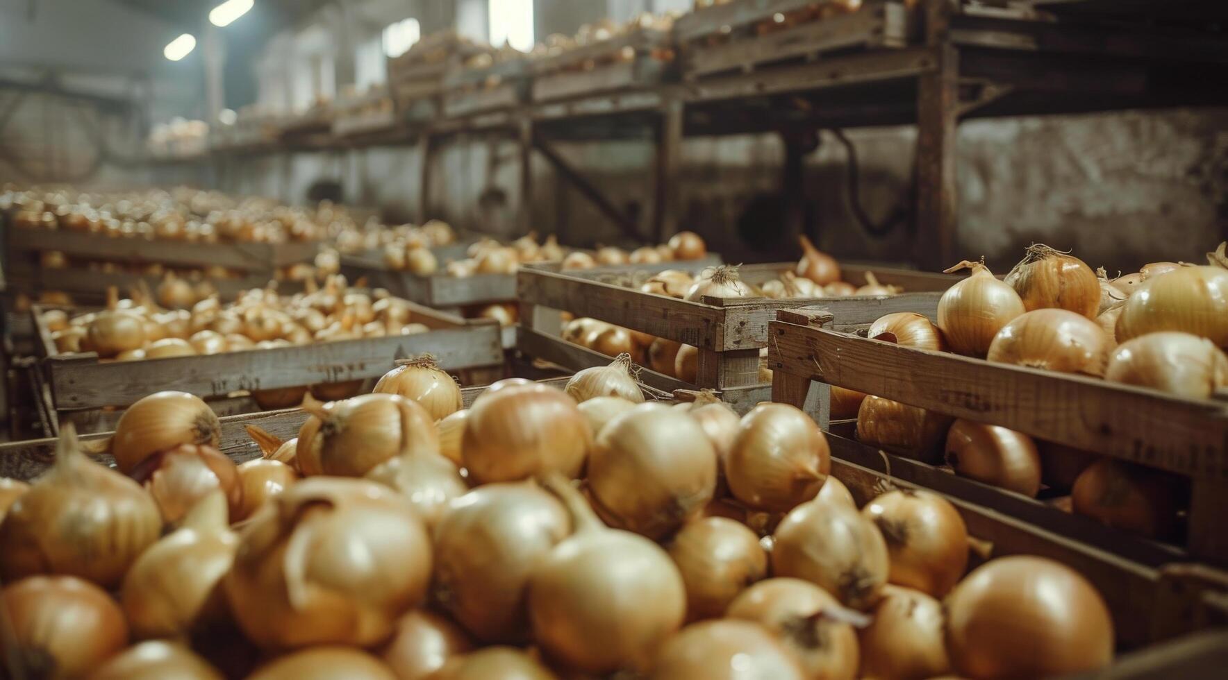 Crates of Onions Stacked in a Warehouse Storage Facility photo