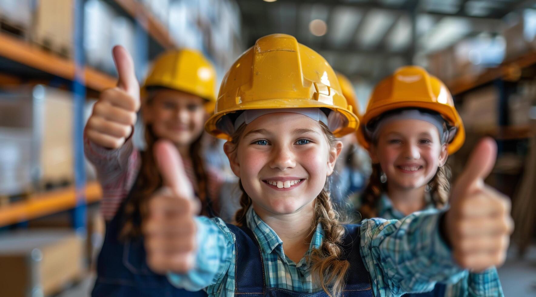 Smiling Children Wearing Hard Hats Give Thumbs Up In Warehouse photo