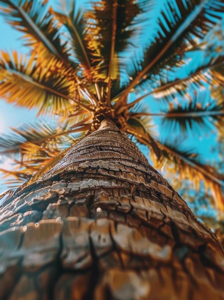 Close Up View of Palm Tree Trunk With Green Fronds and Sunlight photo