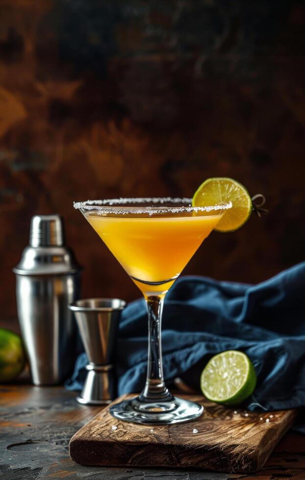 Salted Rim Margarita Cocktail With Lime Garnish on a Wooden Board photo