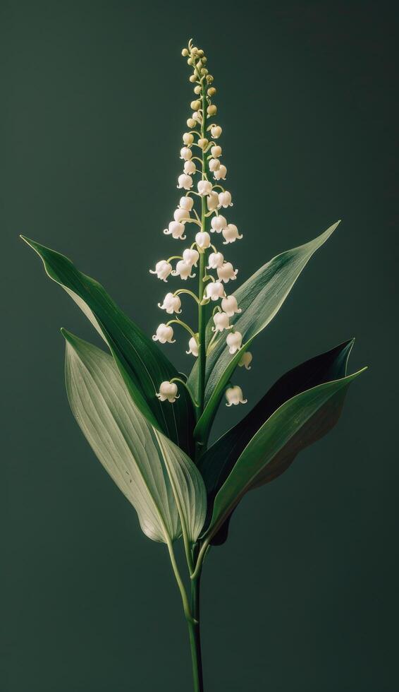 A Single Lily of the Valley Blossom in Full Bloom Against a Dark Green Background photo