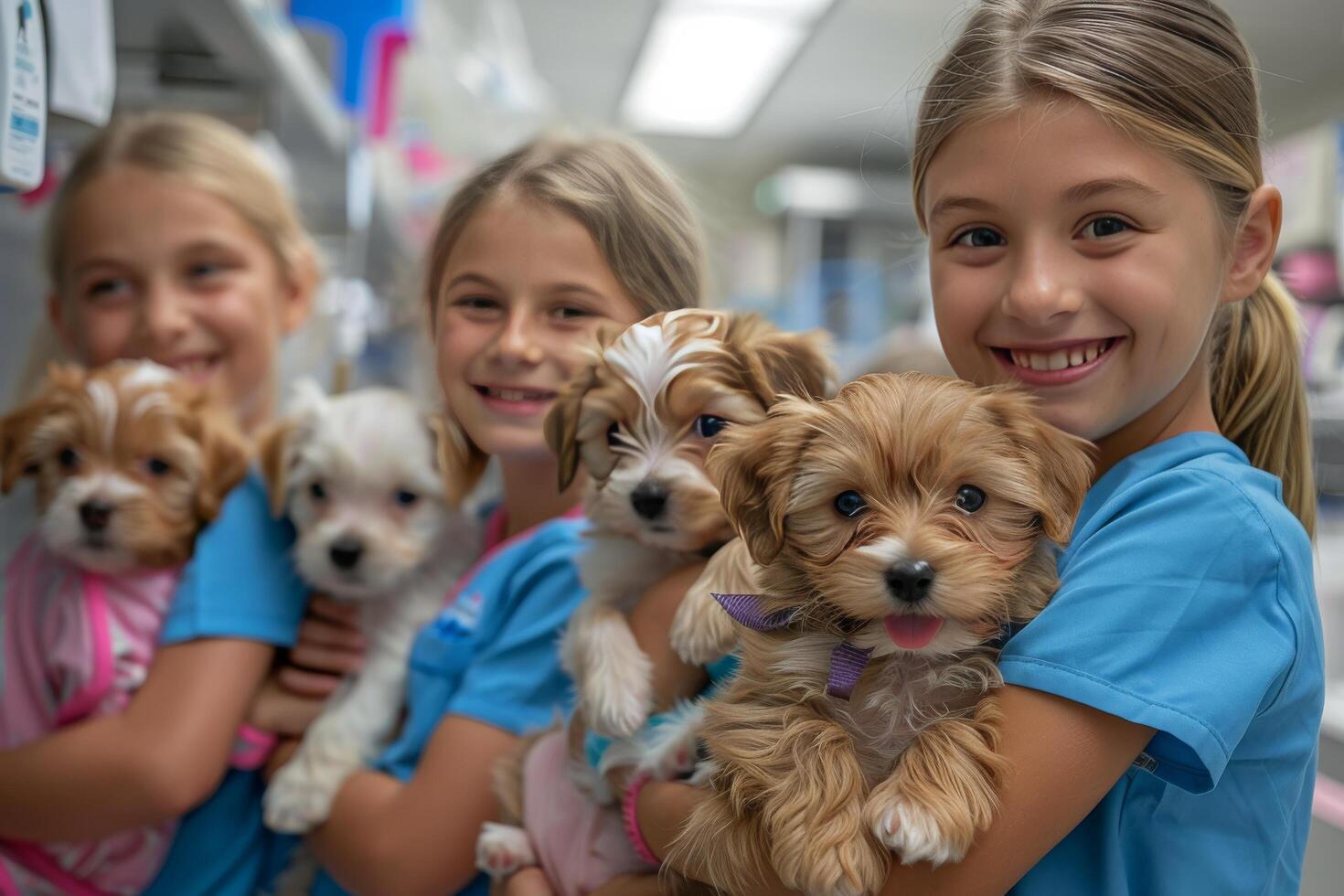 Tres joven muchachas participación adorable cachorros en un mascota Tienda foto