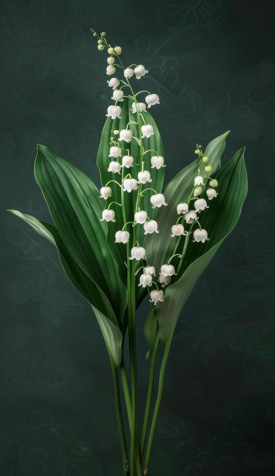 A Single Lily of the Valley Blossom in Full Bloom Against a Dark Green Background photo