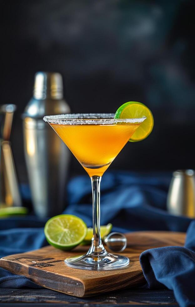 Salted Rim Margarita Cocktail With Lime Garnish on a Wooden Board photo