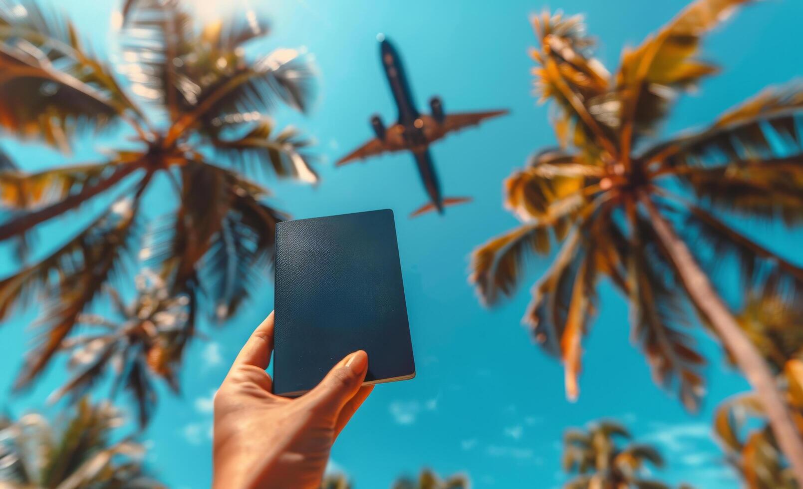 Person Holding Passport With Palm Trees and Airplane in Background on Sunny Day photo