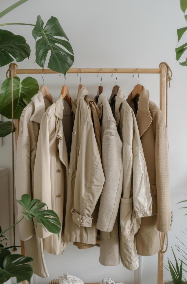 A Row of Cream Knit Sweaters Hanging on a Wooden Rail photo