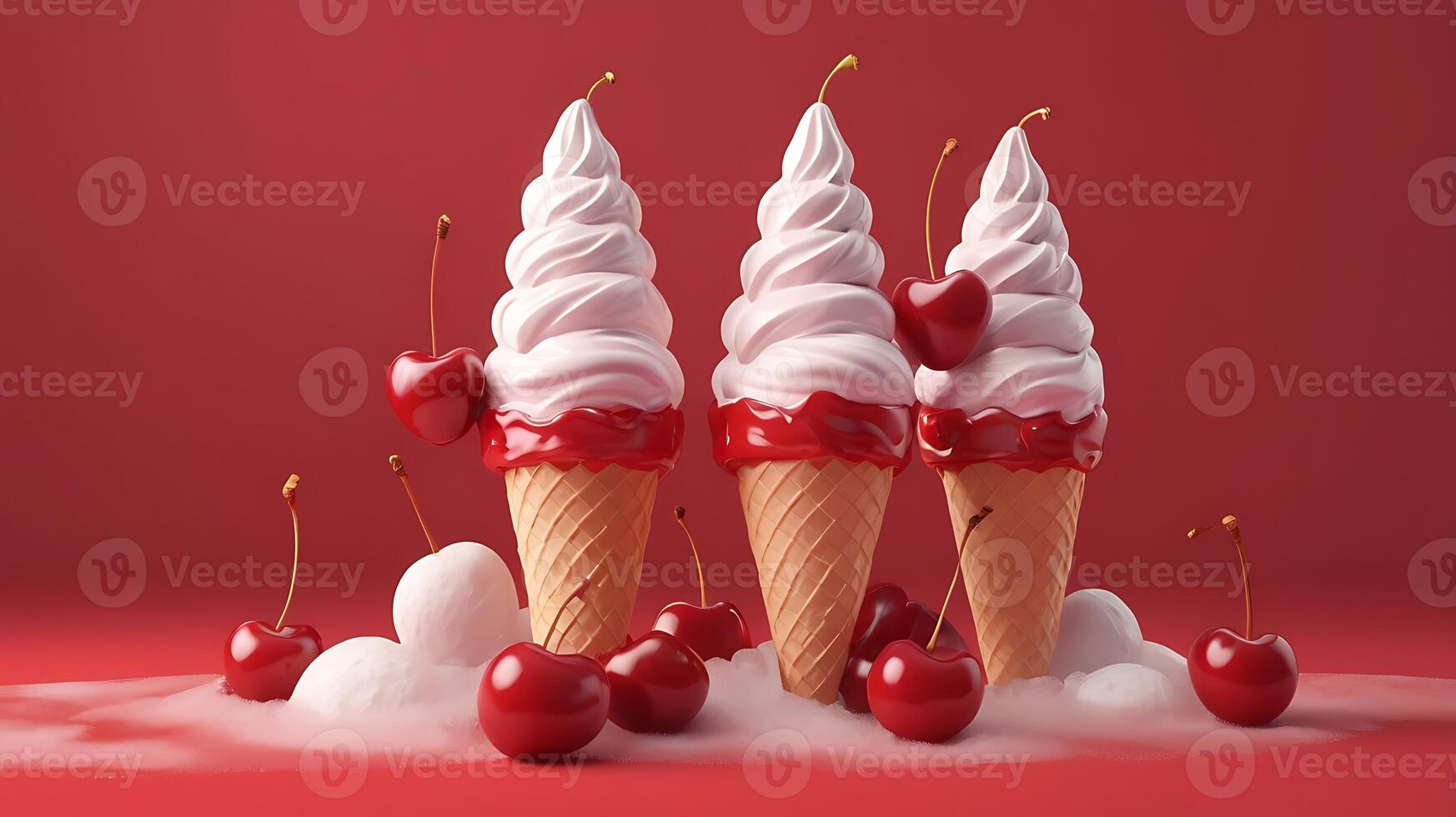 Red cherry fruits on an ice cream cone on a red background. Minimal summer fruity concept photo