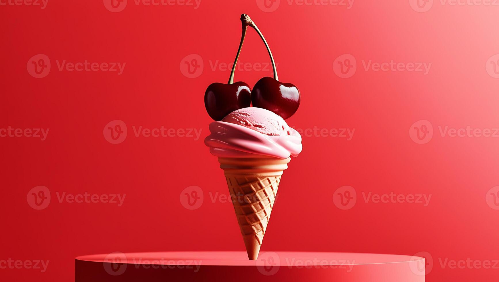 Vibrant red cherry fruits atop a swirly ice cream cone on a bold, fire engine red background photo