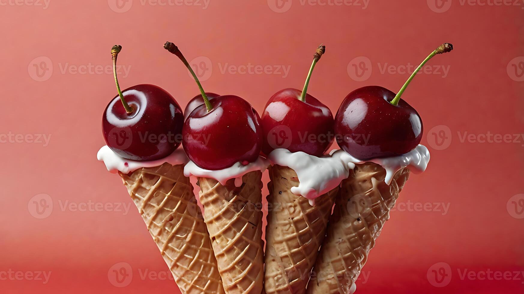 Red cherry fruits on an ice cream cone on a red background. Minimal summer fruity concept photo