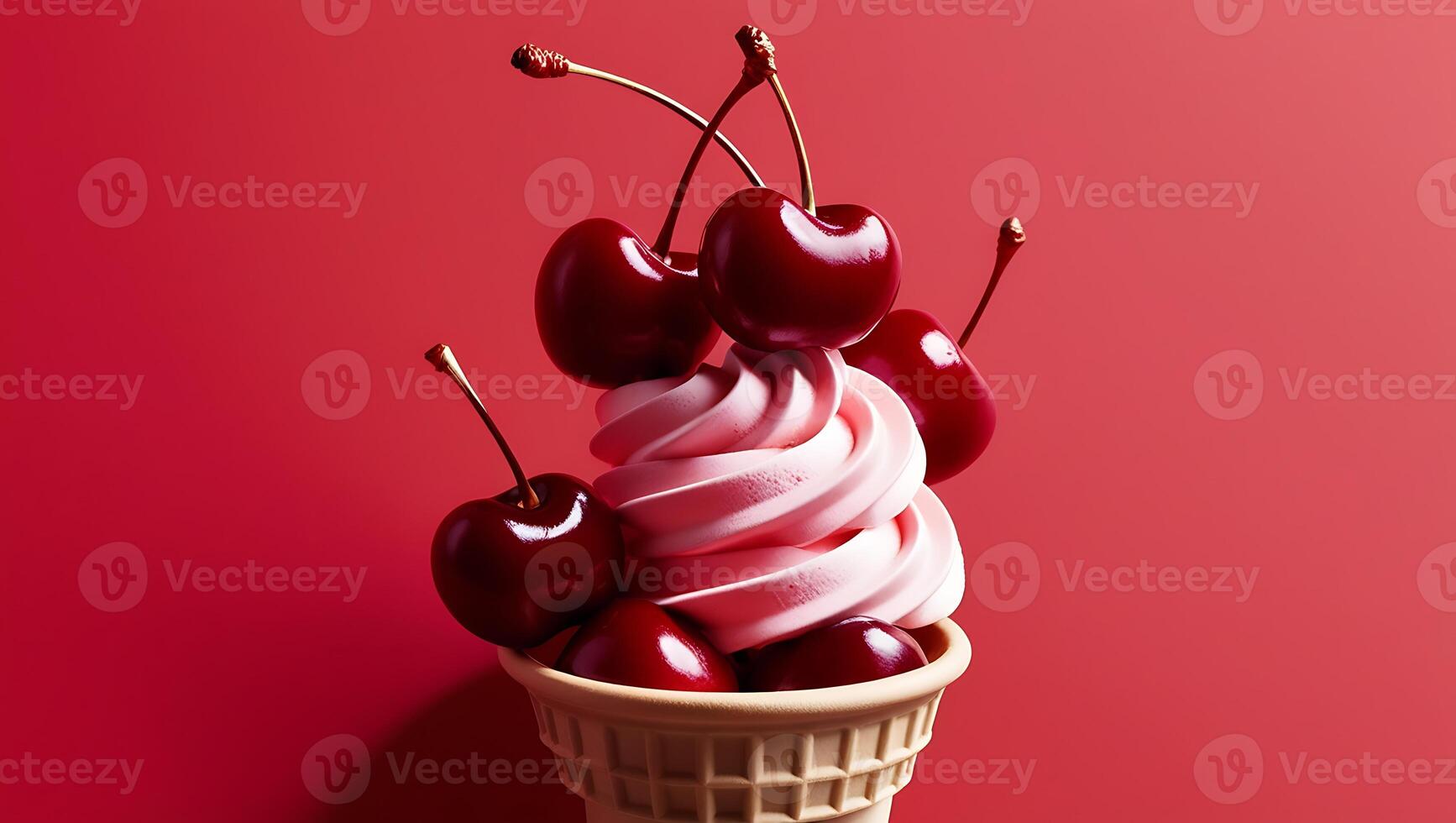Vibrant red cherry fruits atop a swirly ice cream cone on a bold, fire engine red background photo