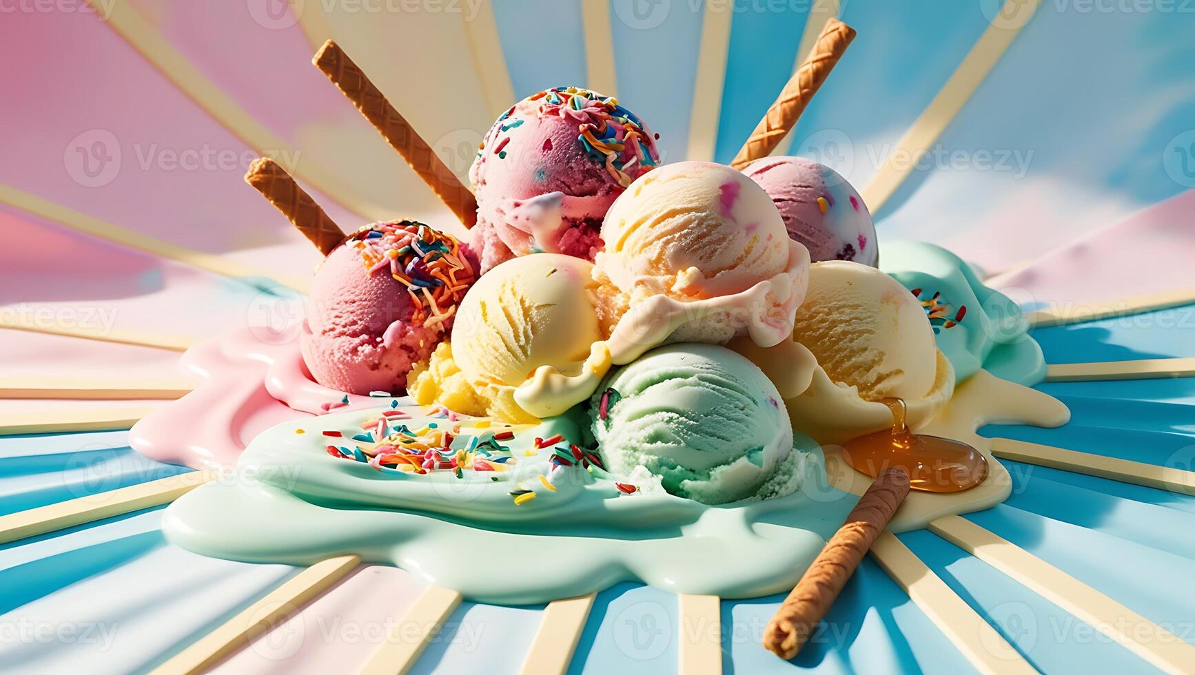 Vibrant ice cream, a melting marvel, rests upon a radiant blue background photo
