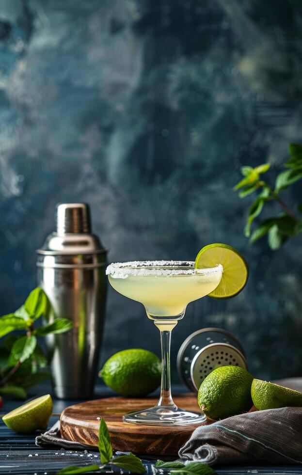 A Classic Margarita Cocktail With Lime Wedge and Salt Rim on a Wooden Board photo