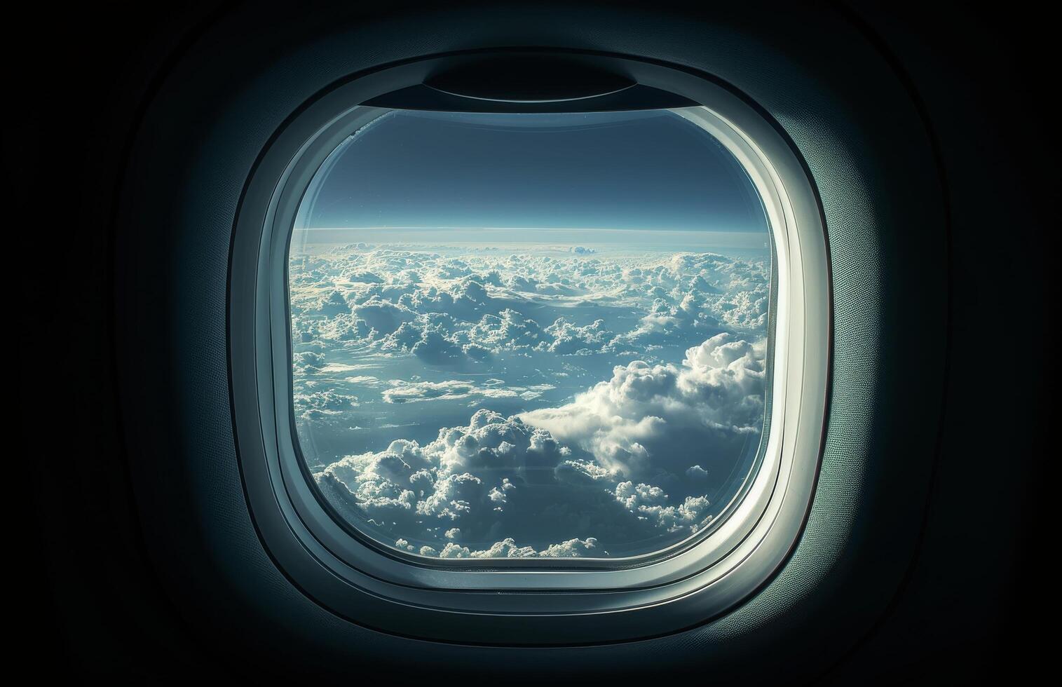 Airplane Window View of Fluffy Clouds During Flight photo