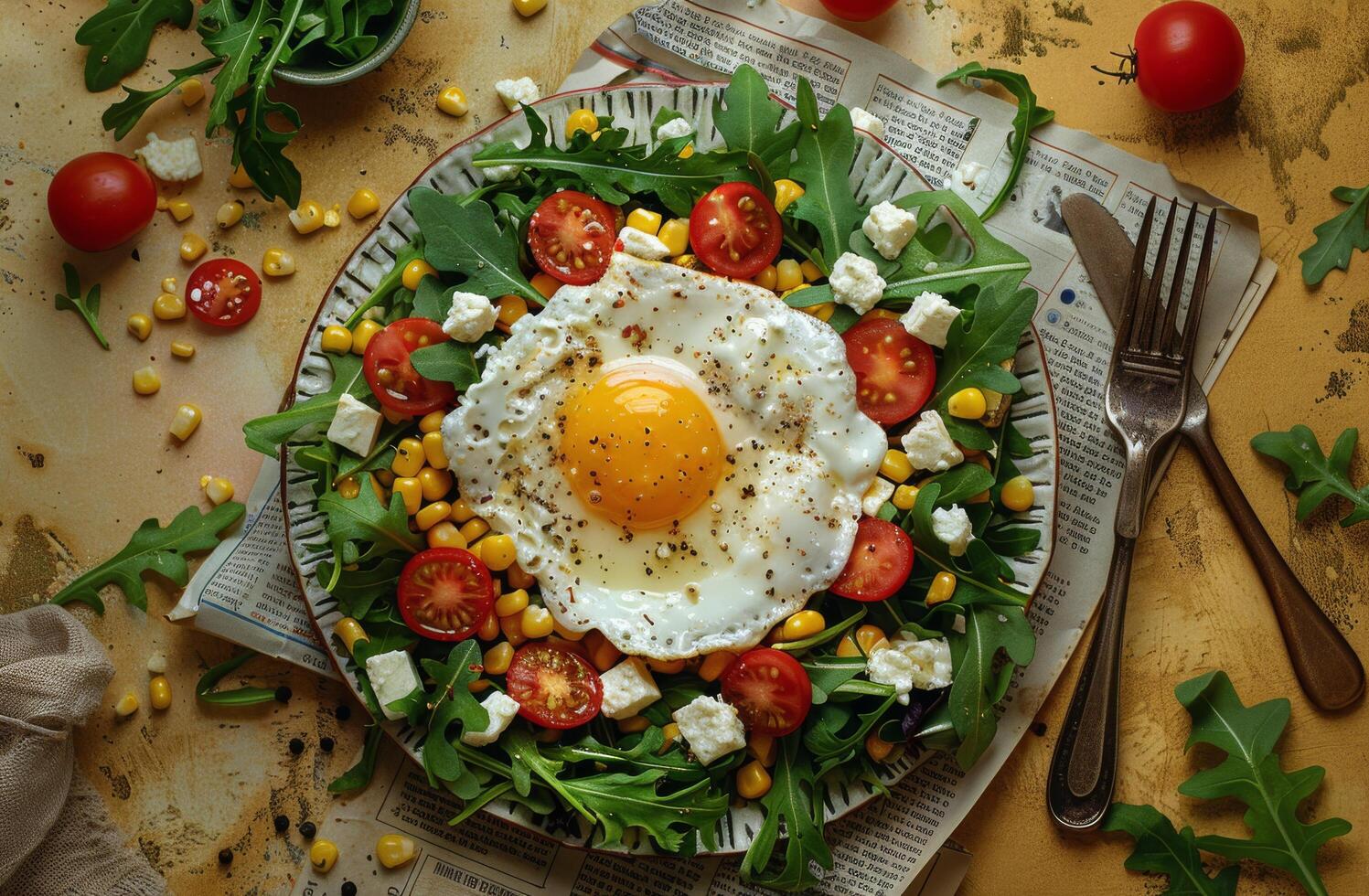 Arugula Salad With Fried Egg, Cherry Tomatoes, and Corn Kernels on a Plate photo