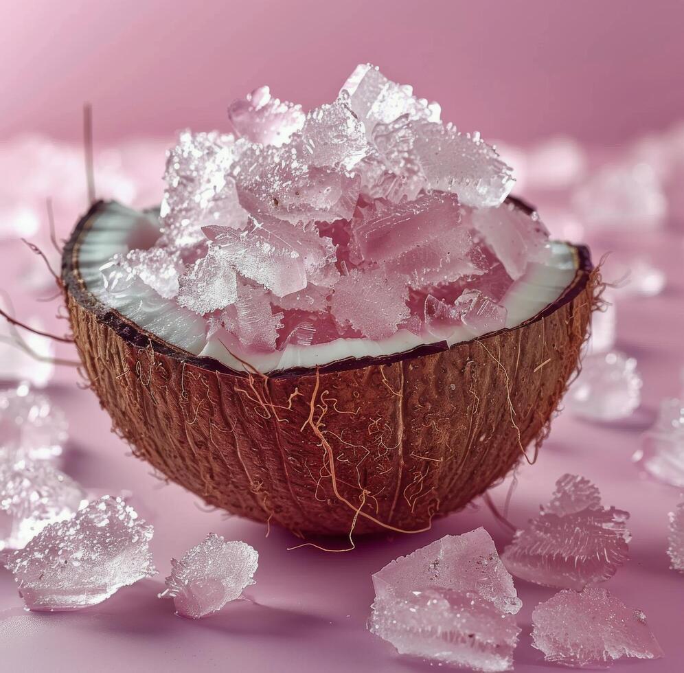 Crushed Ice In A Coconut Shell On Pink Background photo