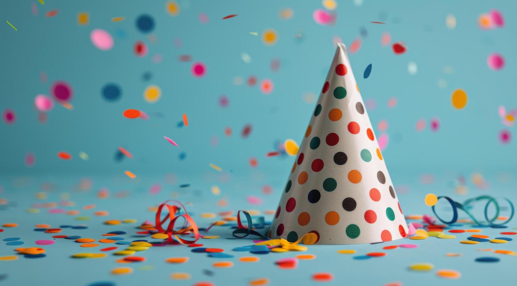 Colorful Confetti Falling Around a Polka Dot Party Hat photo