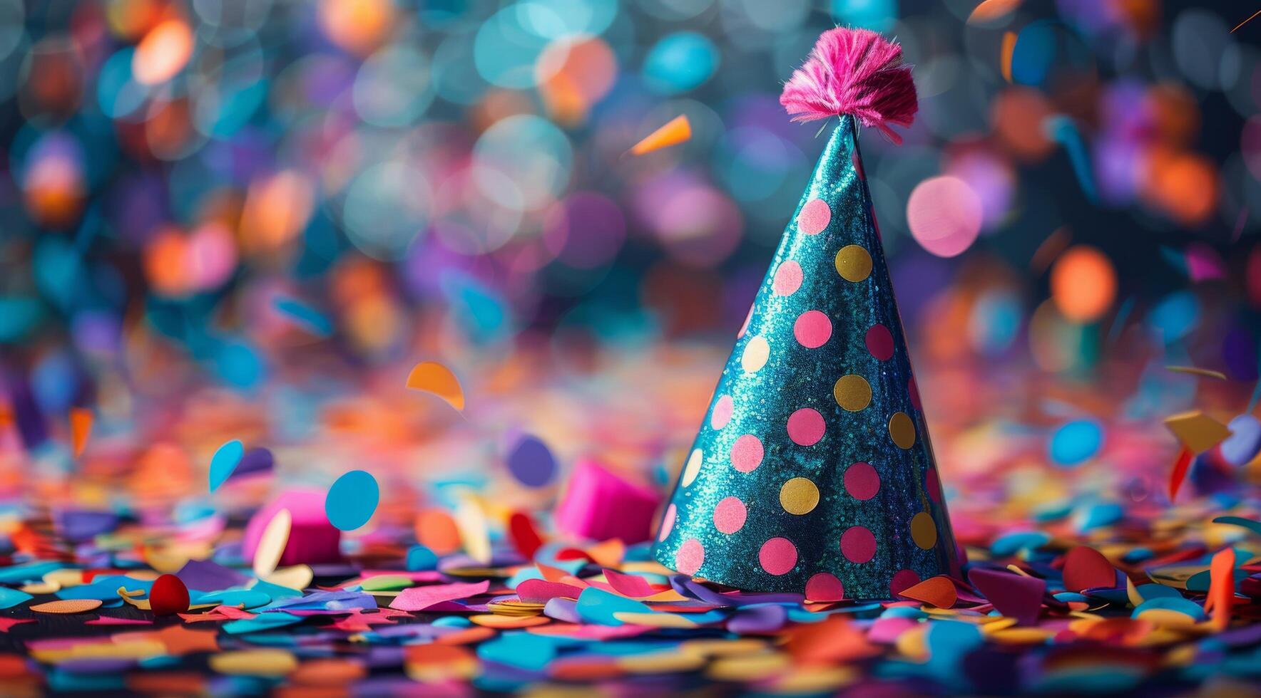 Yellow And Blue Party Hat With Confetti Falling photo
