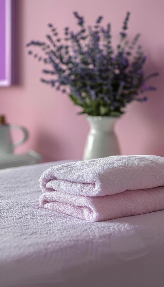 Folded Pink Towels On A Table With Lavender Flowers And A Vase In The Background photo