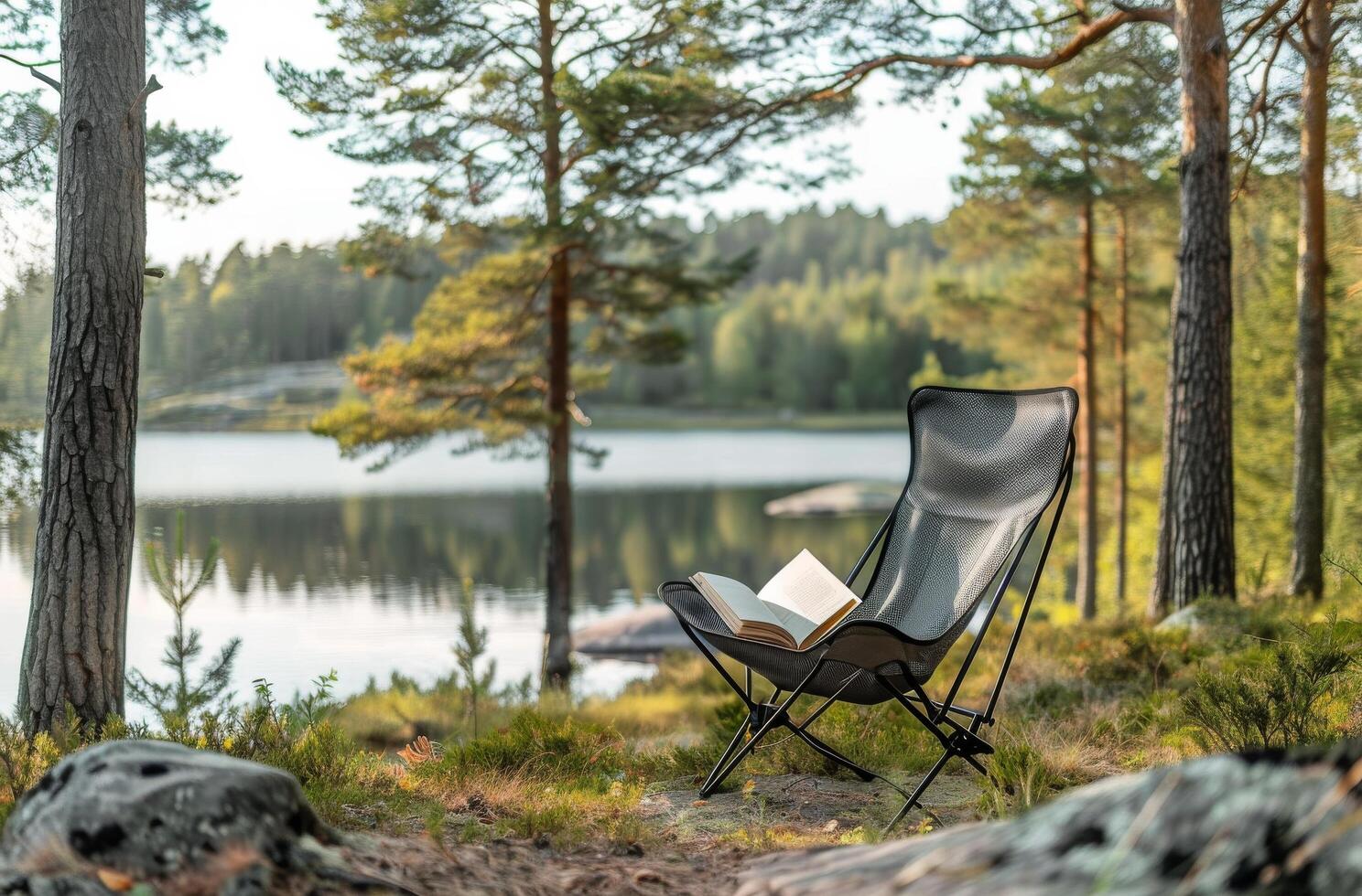 A Relaxing Camping Chair by the Lake on a Foggy Morning photo