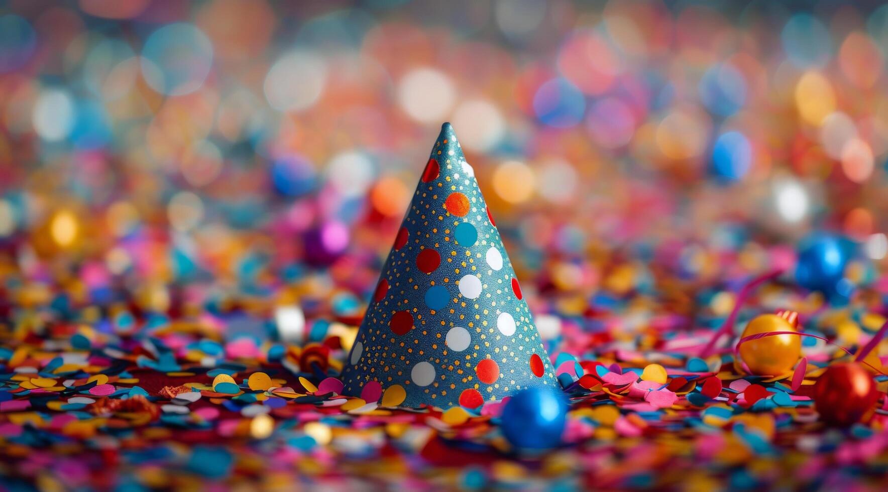 Yellow And Blue Party Hat With Confetti Falling photo