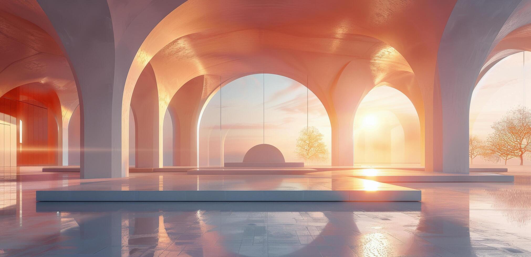 Modern Architectural Structure With Arched Windows at Sunset photo